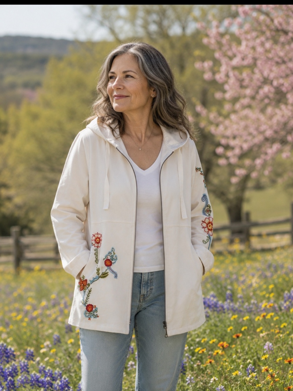 CAITE- X Athleta Embroidered Cream Utility Jacket. L